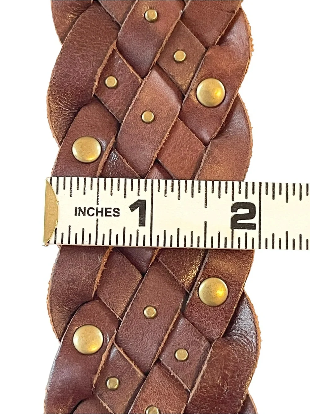 Wide Brown Braided Studded Leather Belt Circle Buckle Vintage Y2K Size L